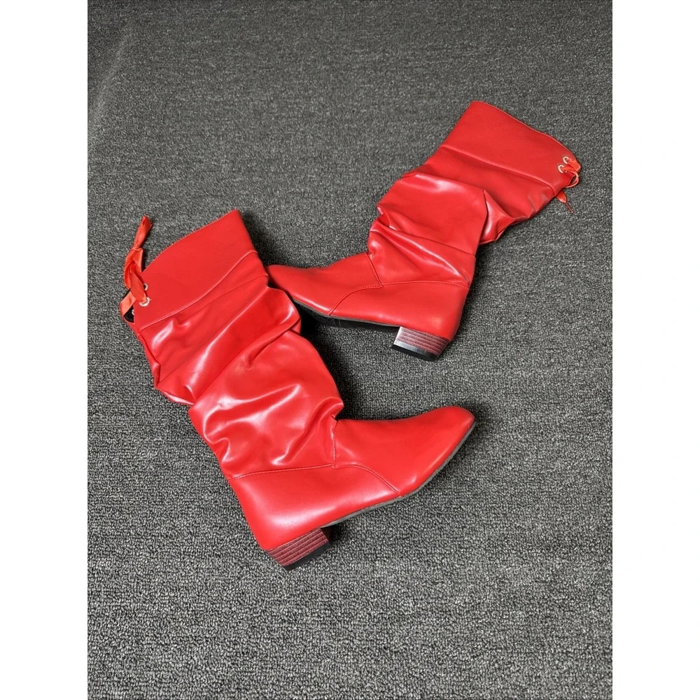 Women's Pull On Knee High Boots RED Shiny Faux Leather w/Decorative Ties 39 1109